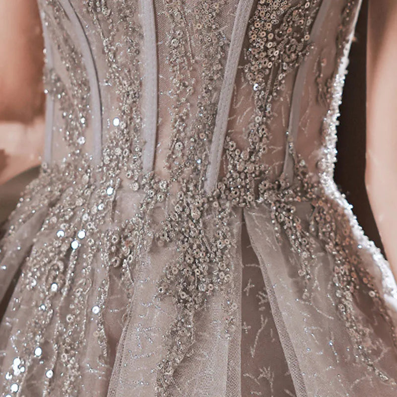 Silver Glitter Backless Sequin Gown