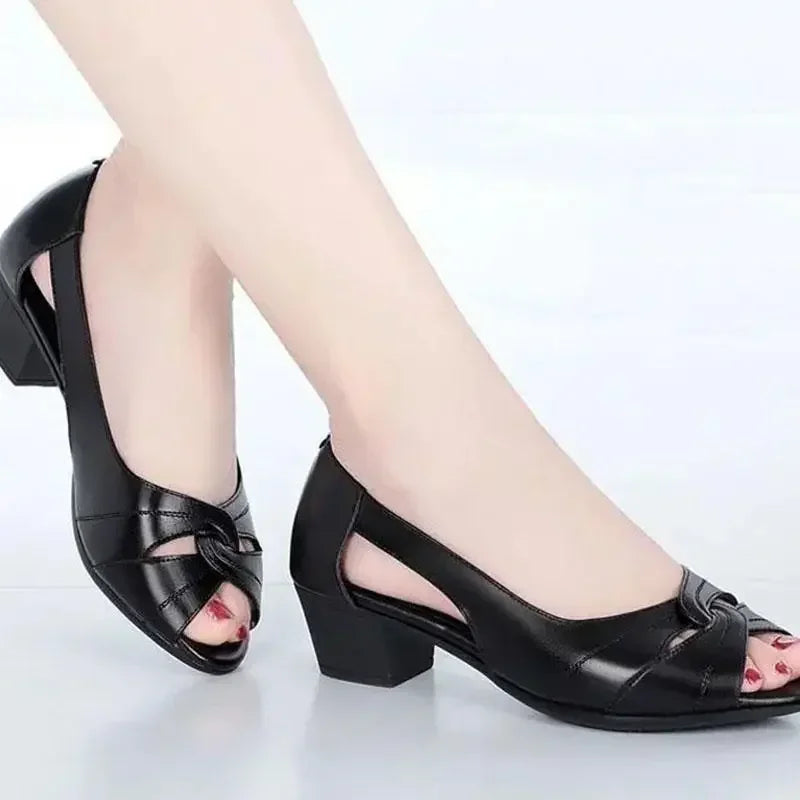 Women's Black Peep-Toe Mid Heels