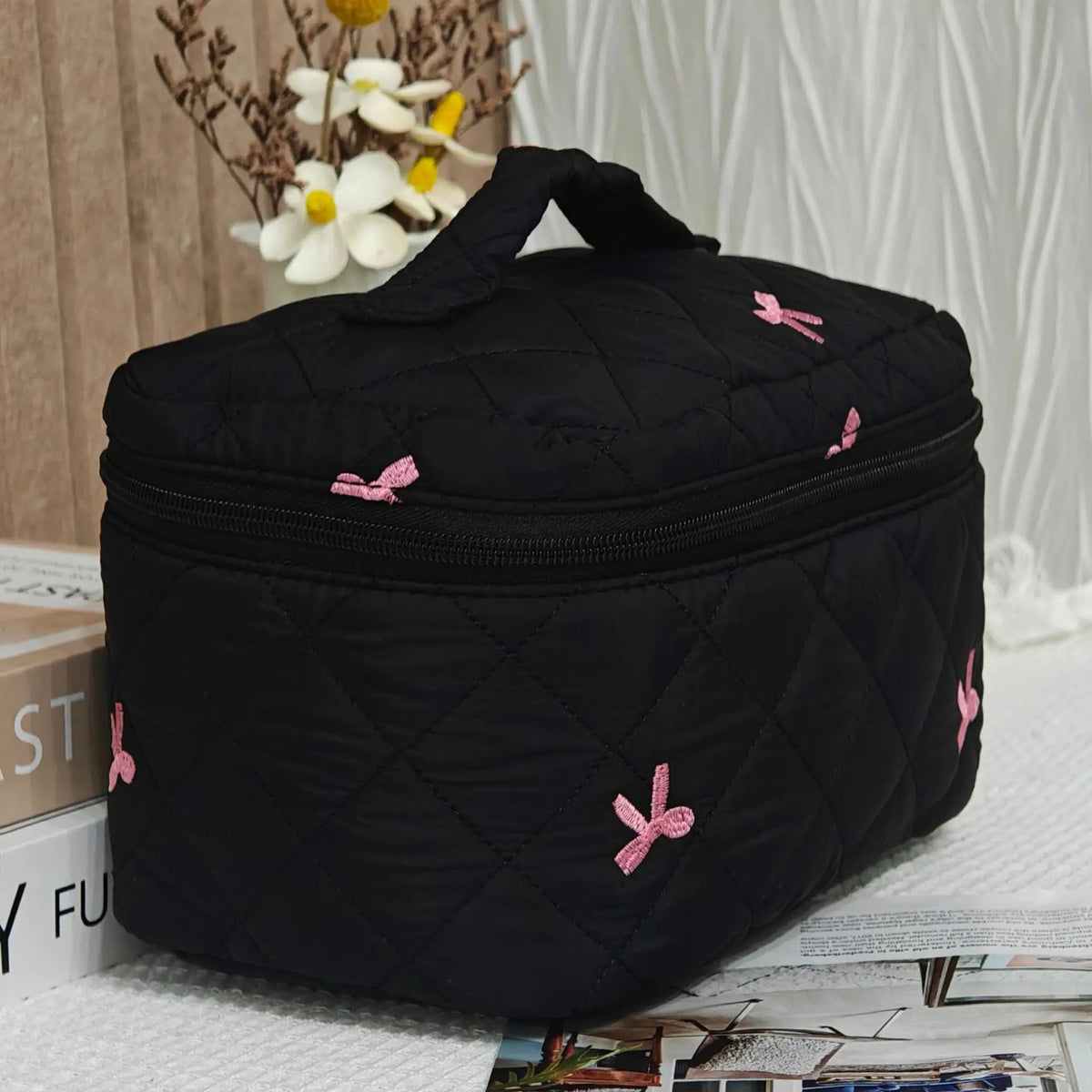 Quilted Bow Cosmetic Travel Bag