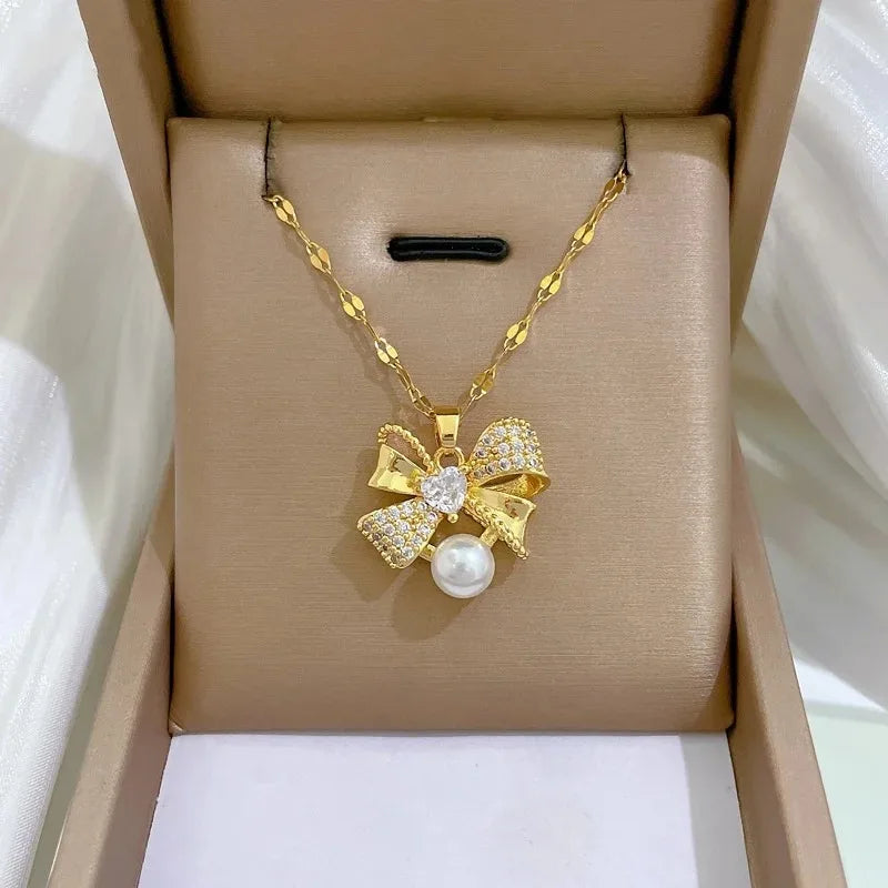 🤍 Pearl Bow Necklace Earring Set