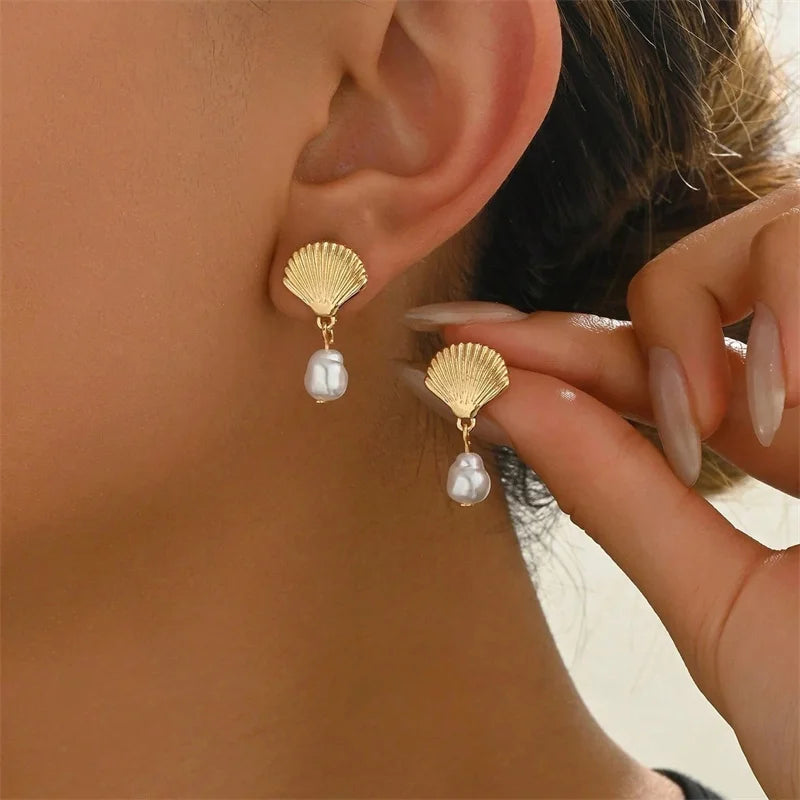 Gold Starfish & Shell Pearl Earrings