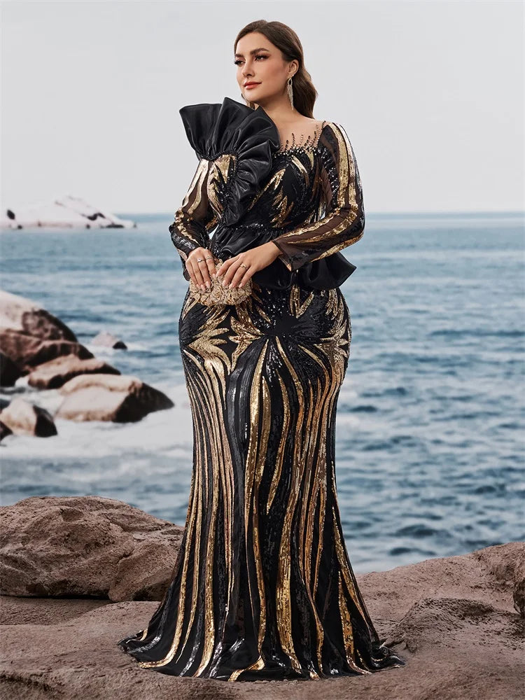 Ruffled Sequin Long Sleeve Mermaid Gown (Plus Size)