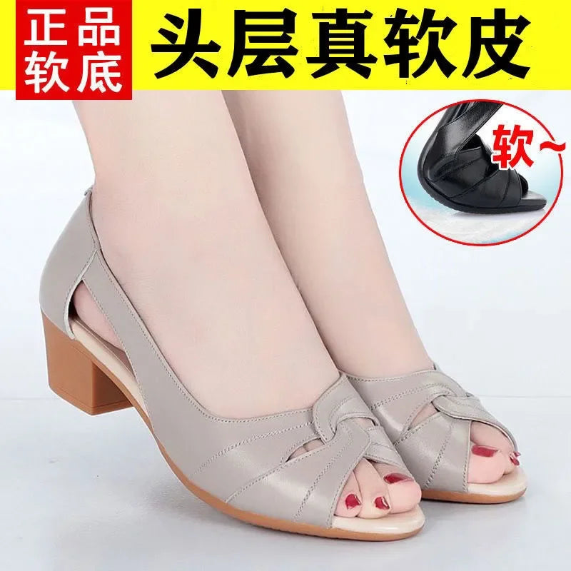 Women's Black Peep-Toe Mid Heels