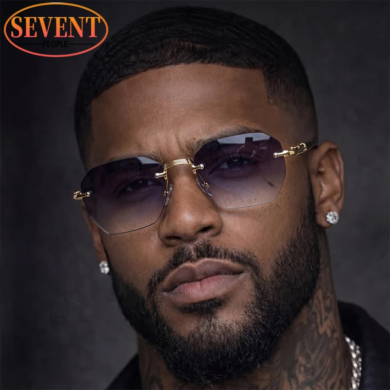 Men's Steampunk Rimless Polygon Sunglasses