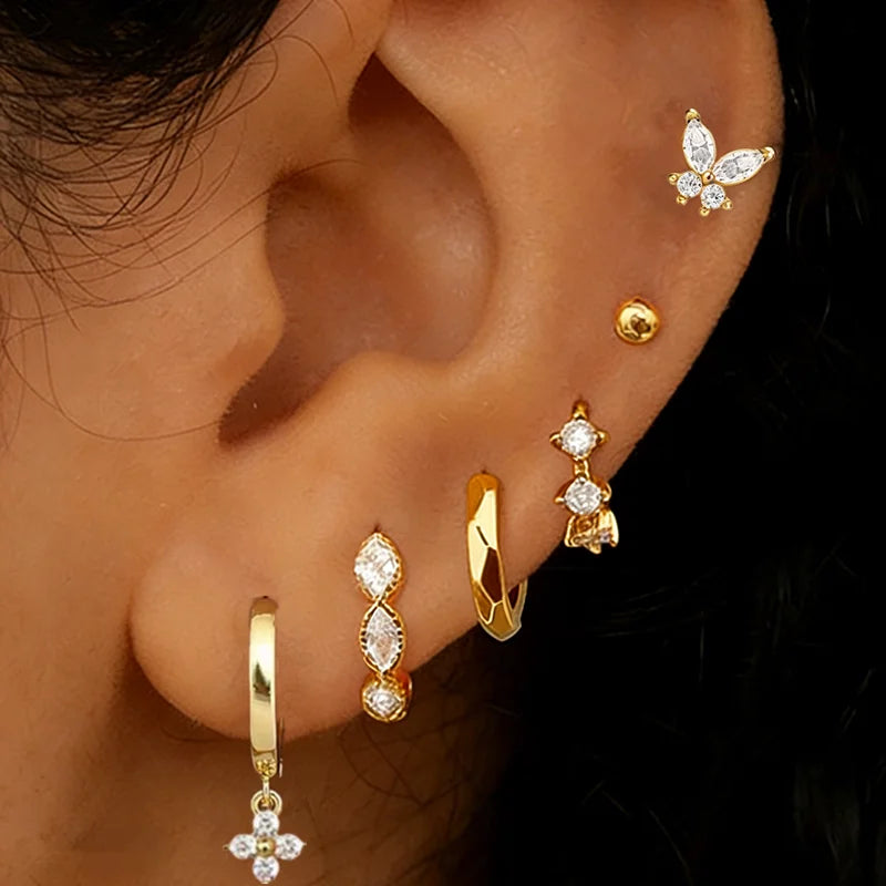 Crystal Huggie & Butterfly Earrings – 6 Pcs