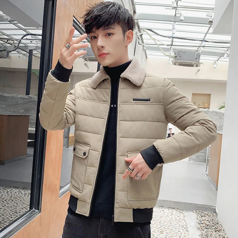 Men's Short Padded Jacket with Lamb Wool Collar
