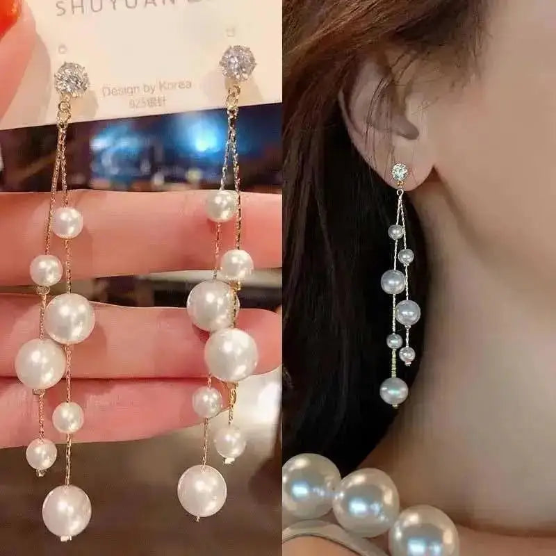 Zircon Pearl Tassel Earrings