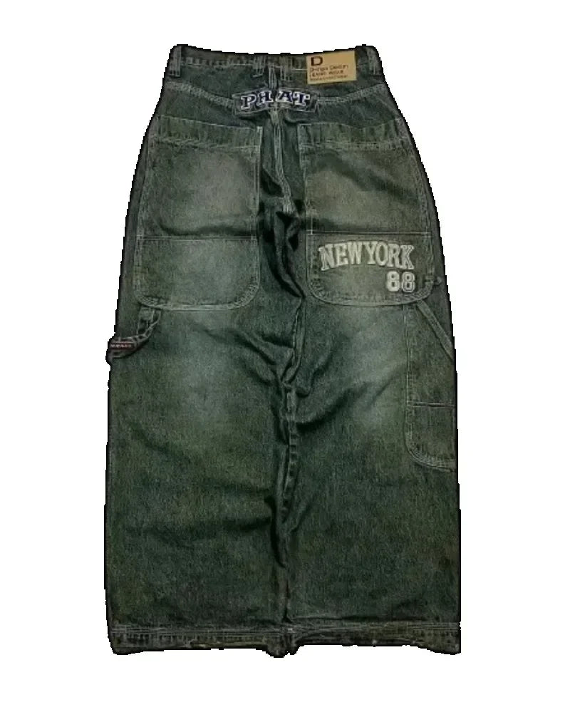 Letter Embroidered Wide-Leg Jeans