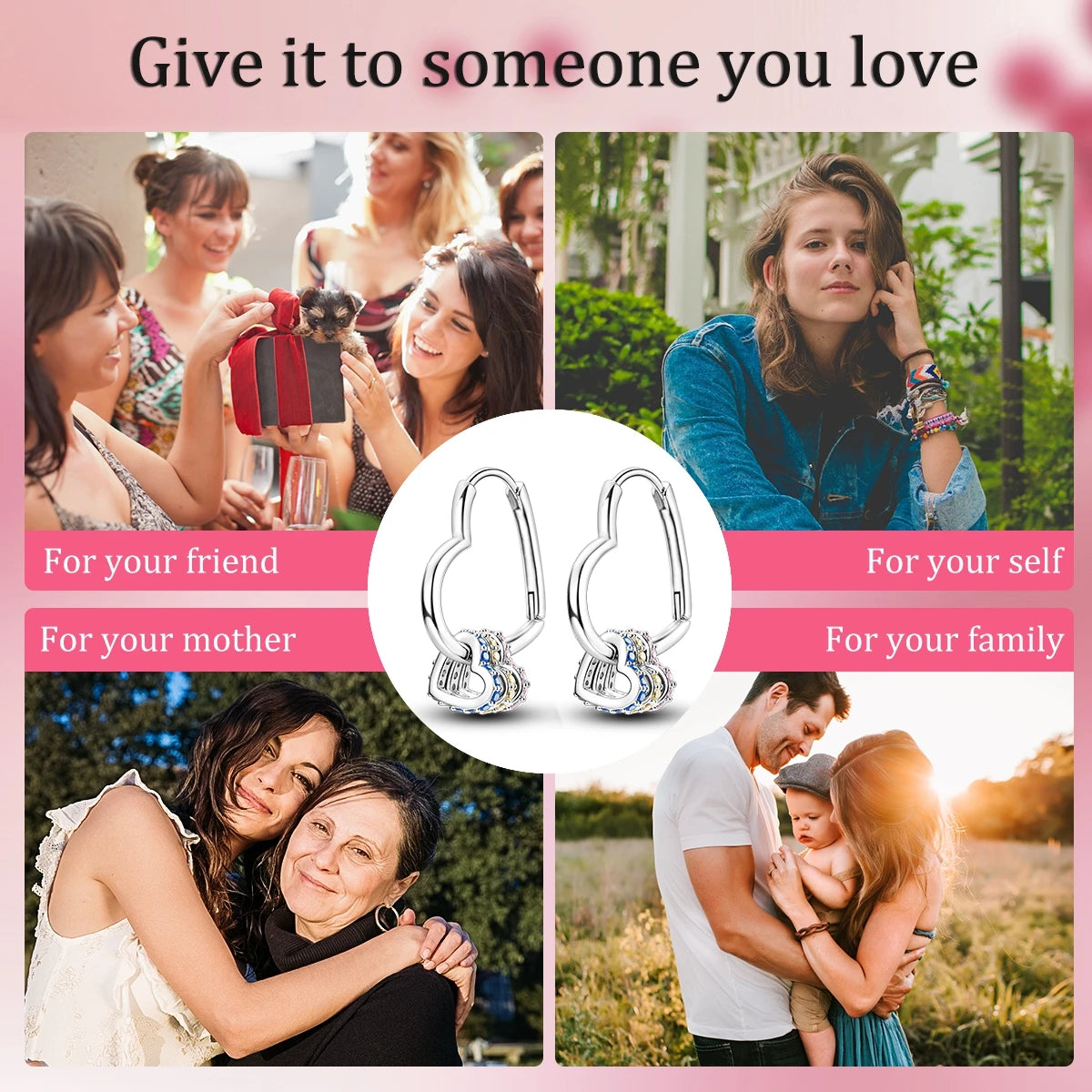 925 Silver Heart Pendant Hoop Earrings