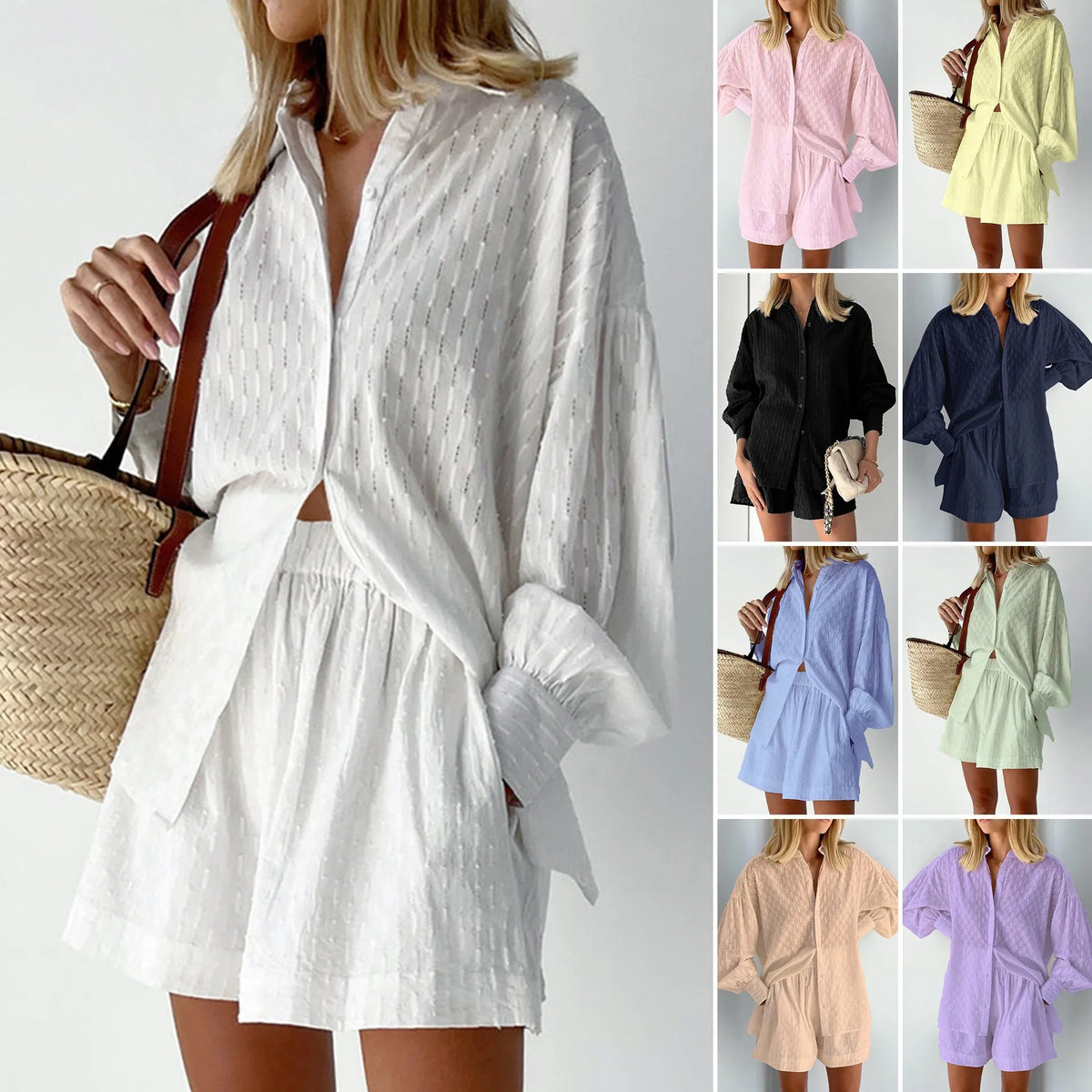 Jacquard Puff Sleeve Top & Shorts Set