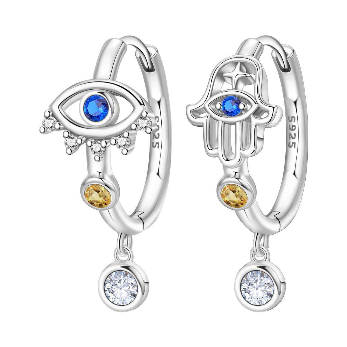 925 Silver Evil Eye Hamsa Drop Earrings