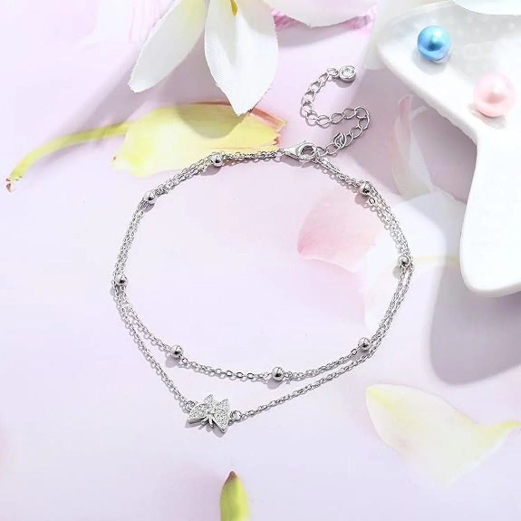 925 Silver Butterfly & Heart Layered Anklet