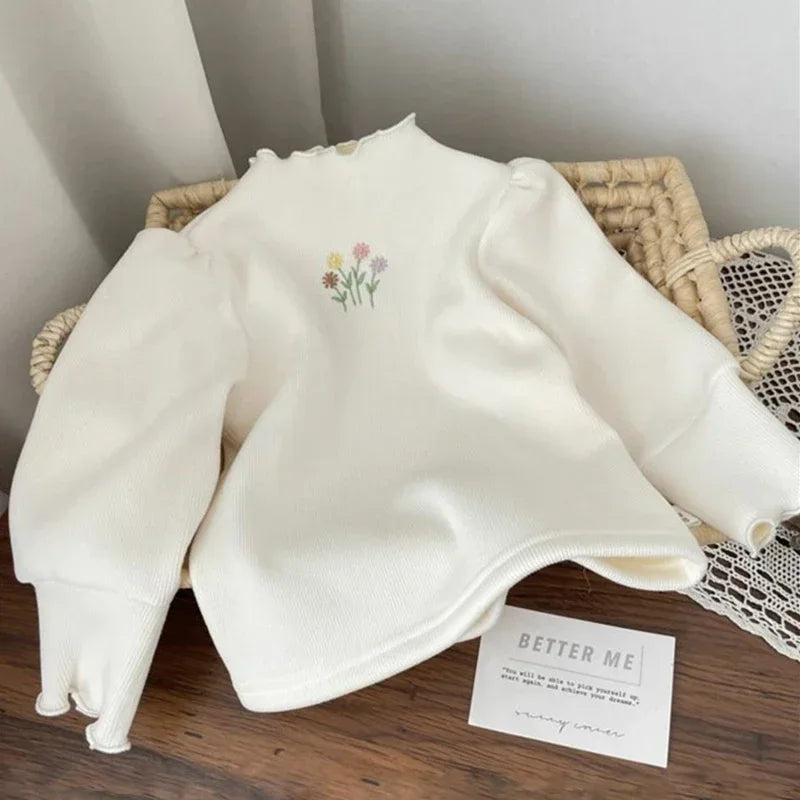 Girls Puff Sleeve Embroidered Sweater