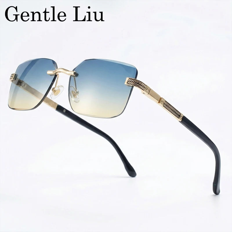 Men's Carved Gold Rimless Sunglasses
