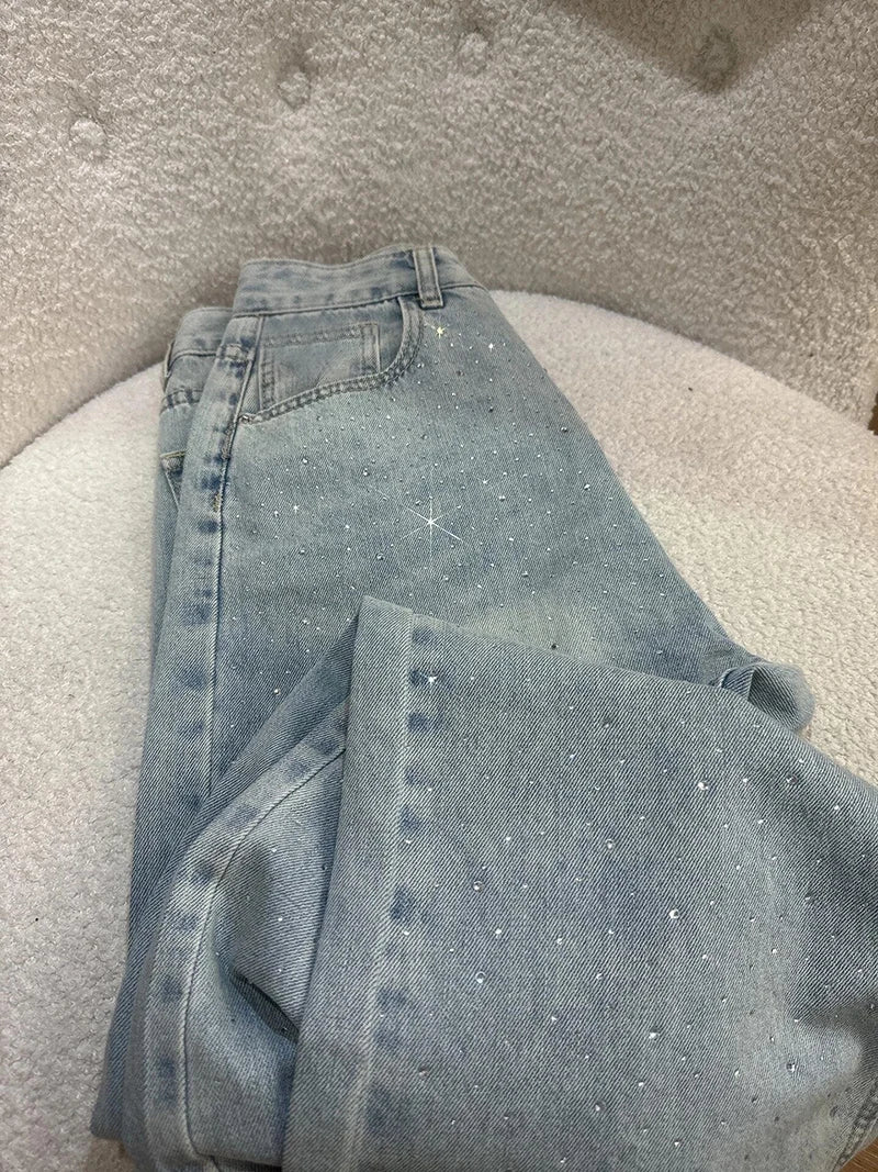 Light Blue Rhinestone Straight Jeans