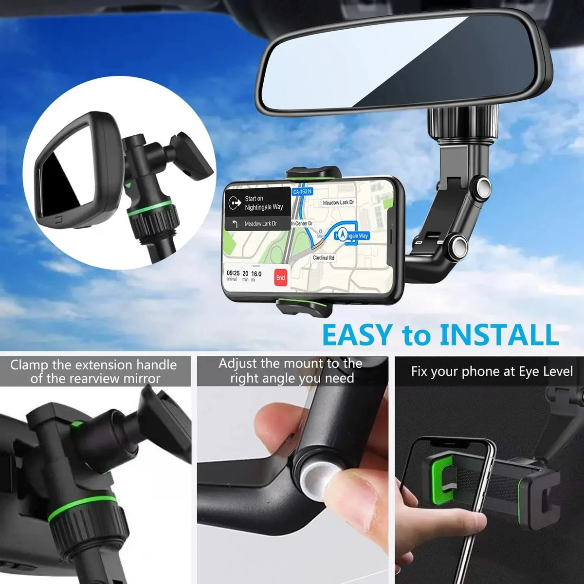 📱 360° Rotating Rearview Mirror Phone Holder