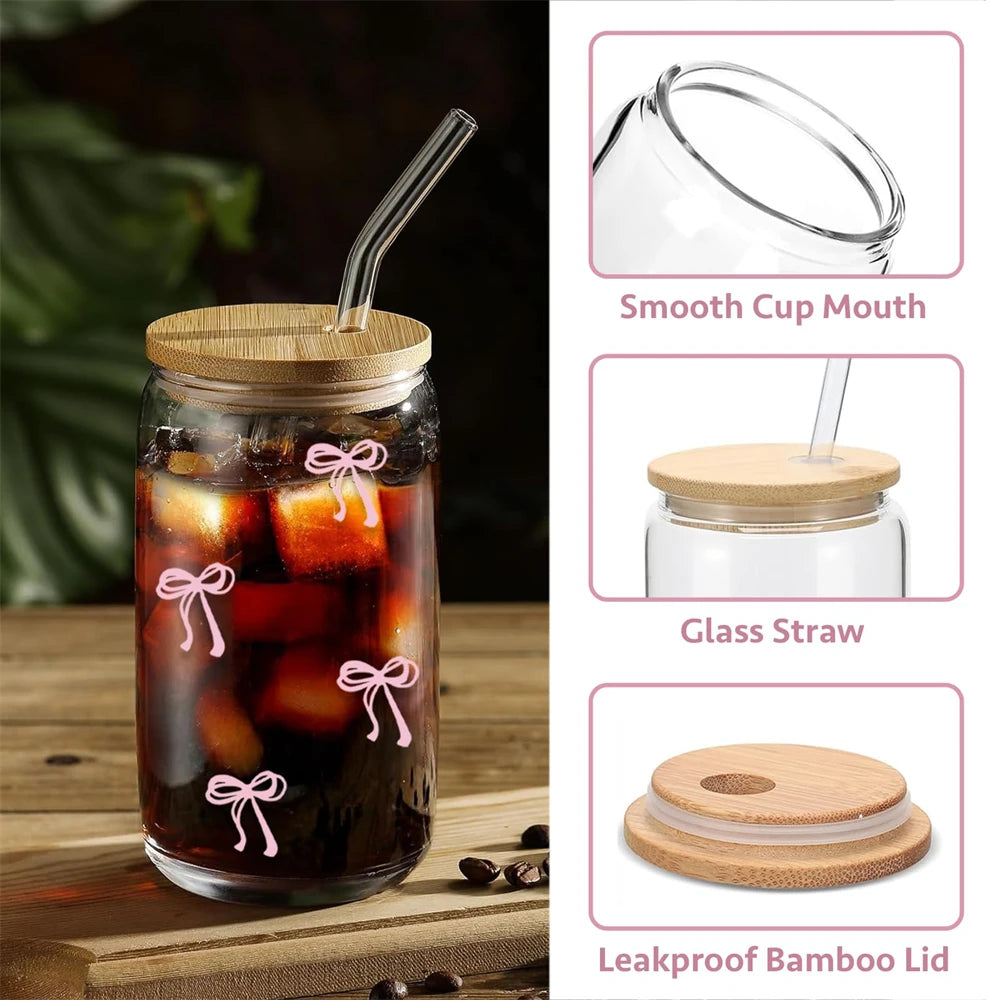 Pink Bow Glass Cup with Lid & Straw 500ml
