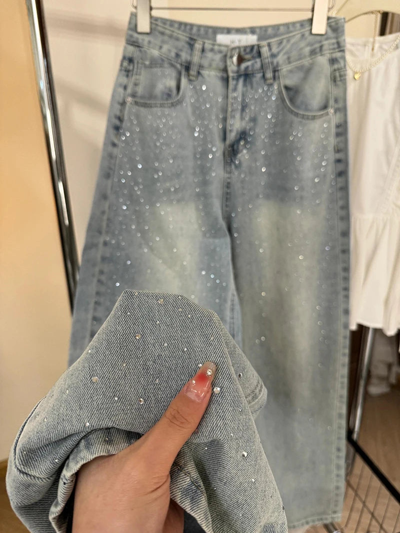 Light Blue Rhinestone Straight Jeans