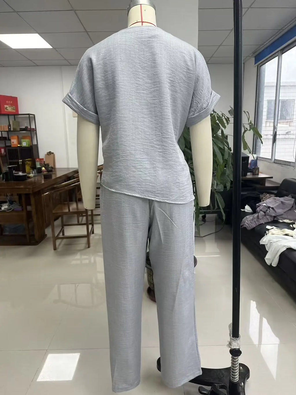 V-Neck Tie Shirt & Wide-Leg Pants Set