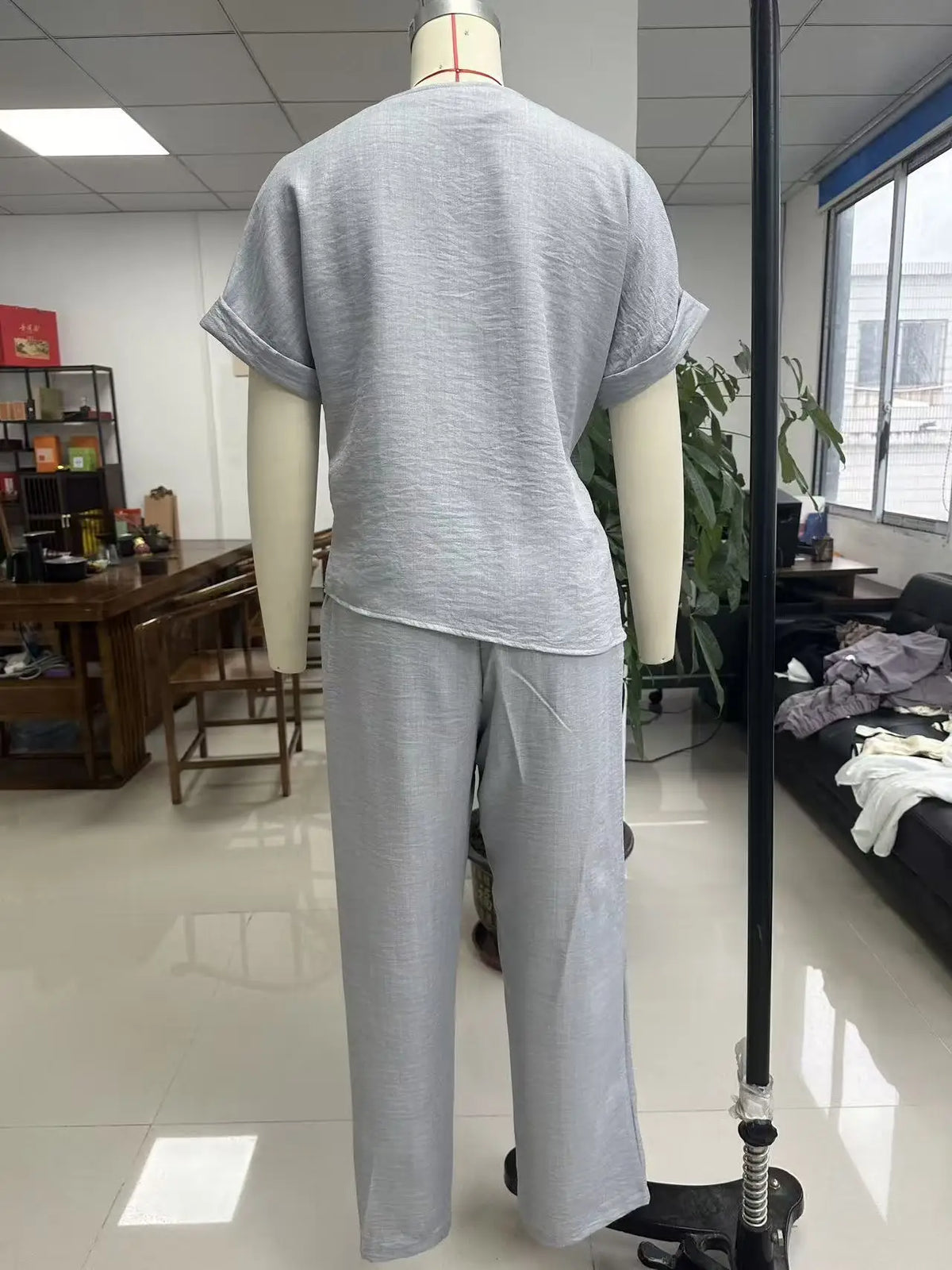 V-Neck Tie Shirt & Wide-Leg Pants Set