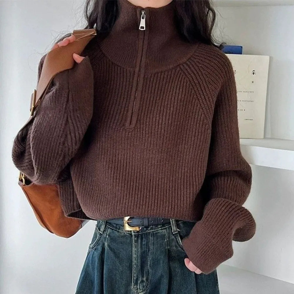 Half-Zip Cropped Waffle Knit Sweater