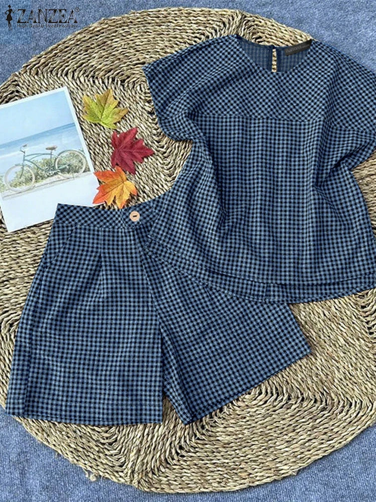 Plaid Blouse & Shorts Set