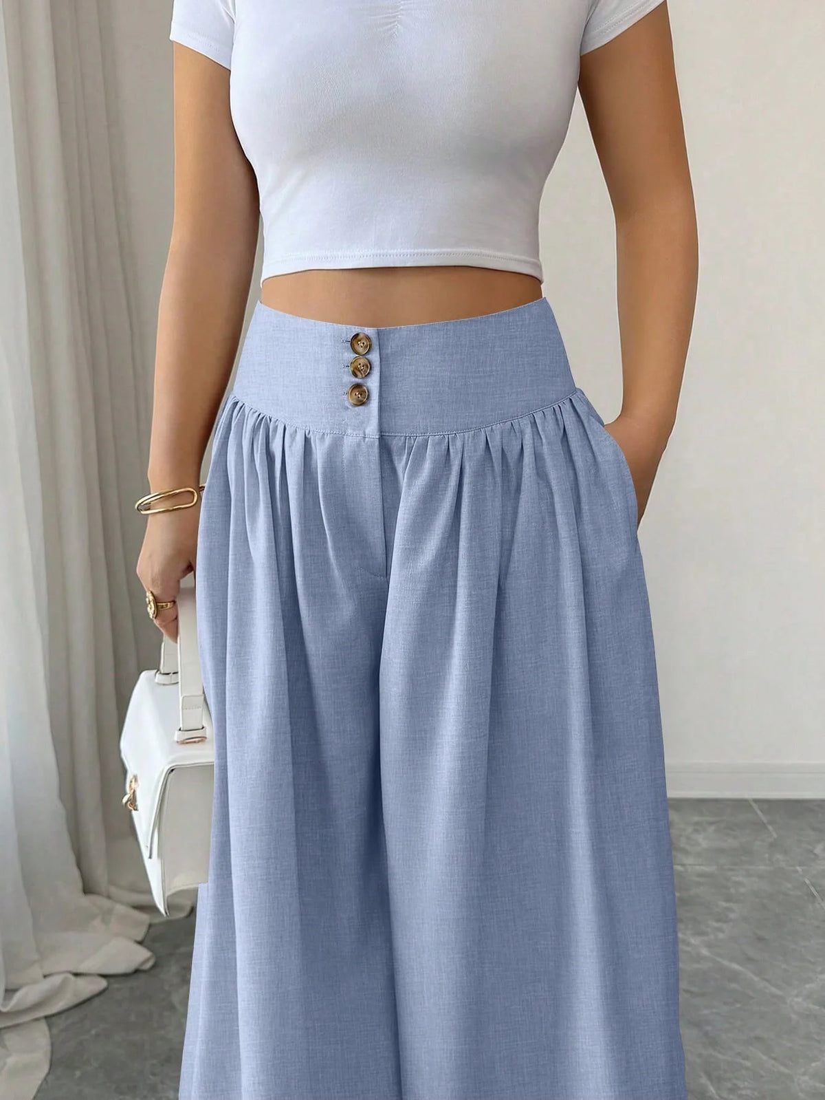 3-Button High Waist Wide-Leg Pants