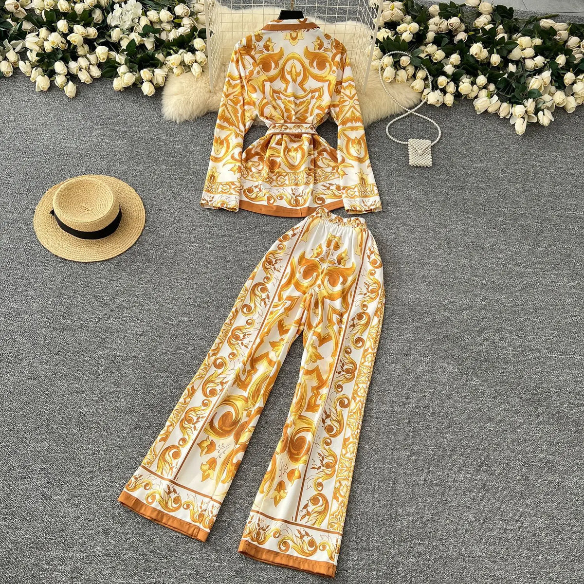 Vintage Print Shirt & Wide-Leg Pants Set
