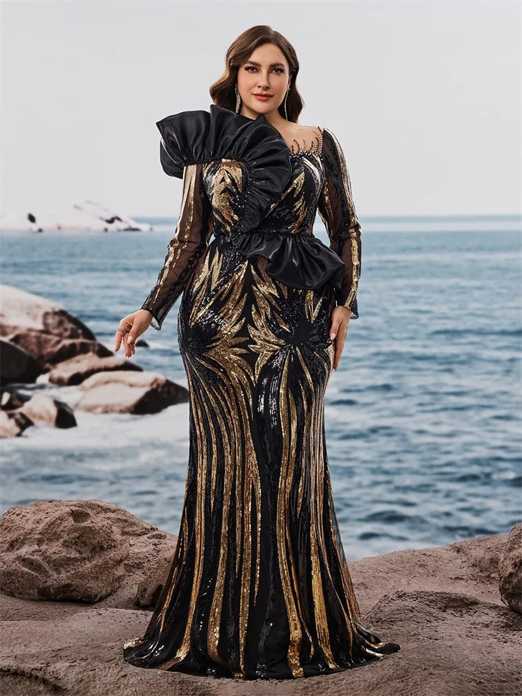 Ruffled Sequin Long Sleeve Mermaid Gown (Plus Size)