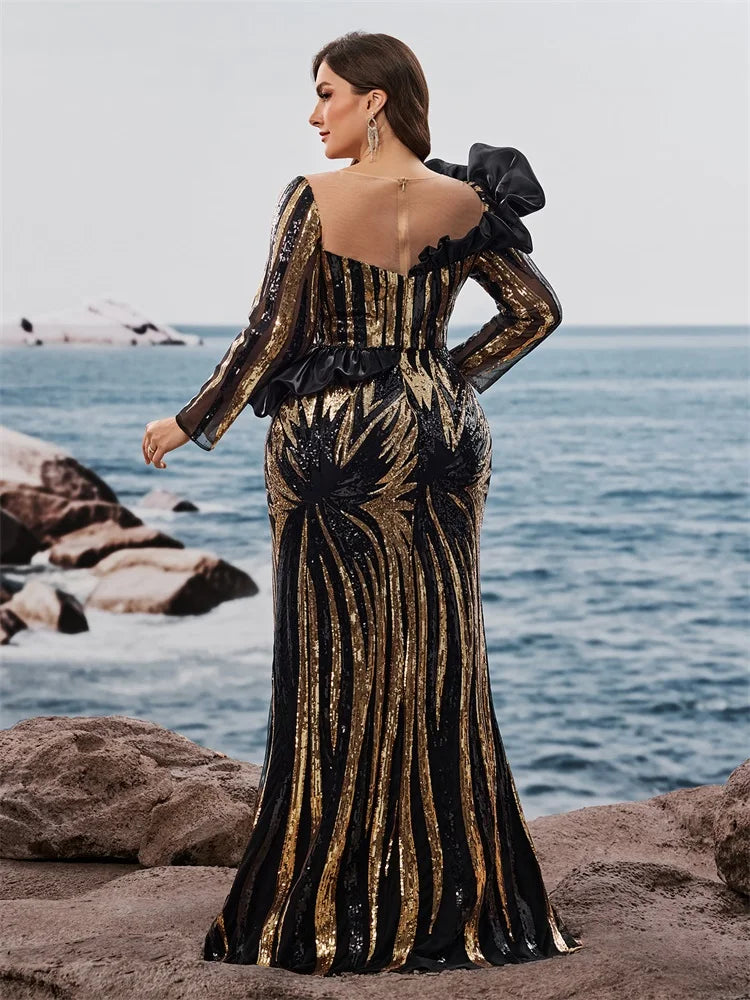 Ruffled Sequin Long Sleeve Mermaid Gown (Plus Size)