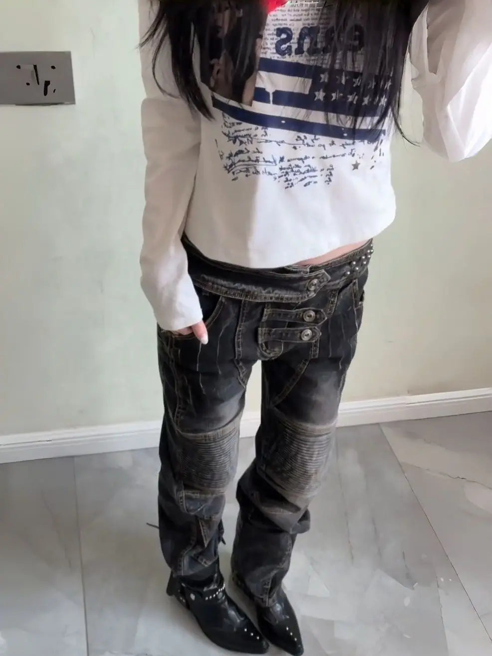Pleated Button Distressed Slim Jeans