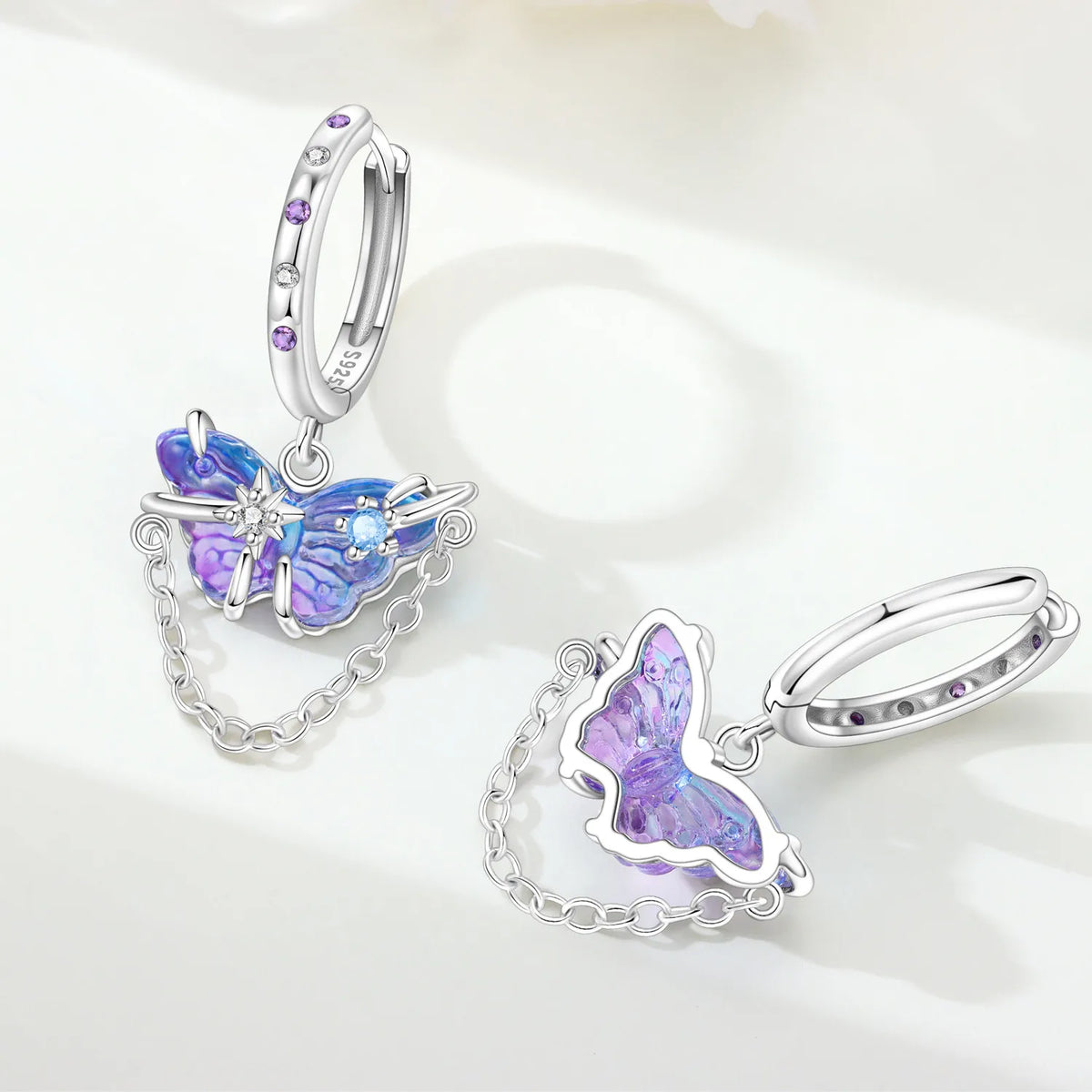 925 Silver Purple Butterfly Drop Earrings