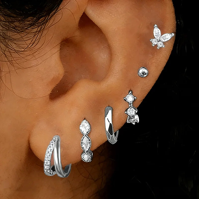 Crystal Huggie & Butterfly Earrings – 6 Pcs