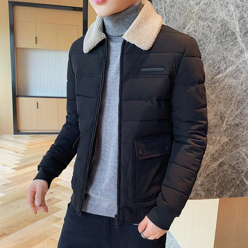 Men's Short Padded Jacket with Lamb Wool Collar