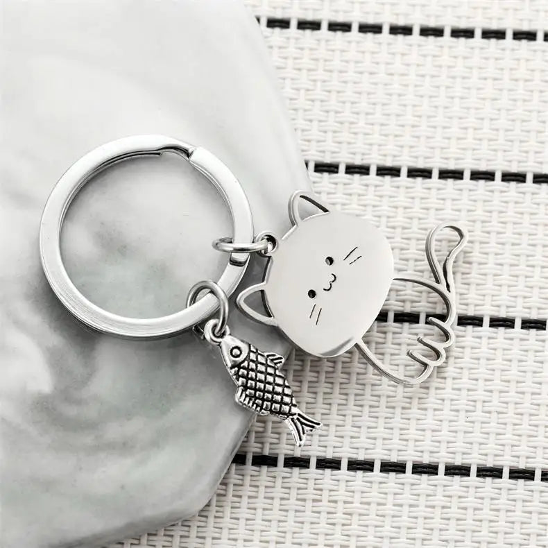 Stainless Steel Cat & Fish Keychain