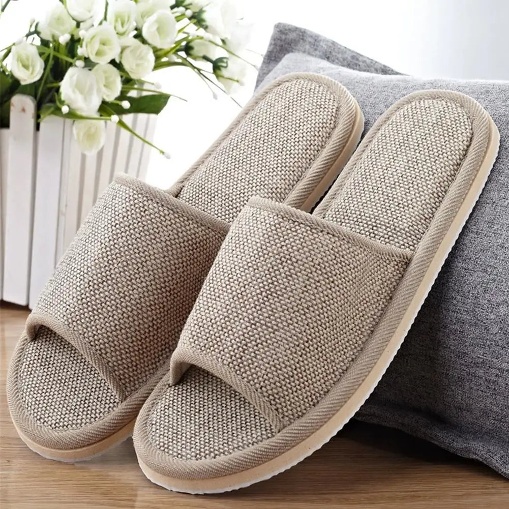 Linen Open-Toe House Slippers