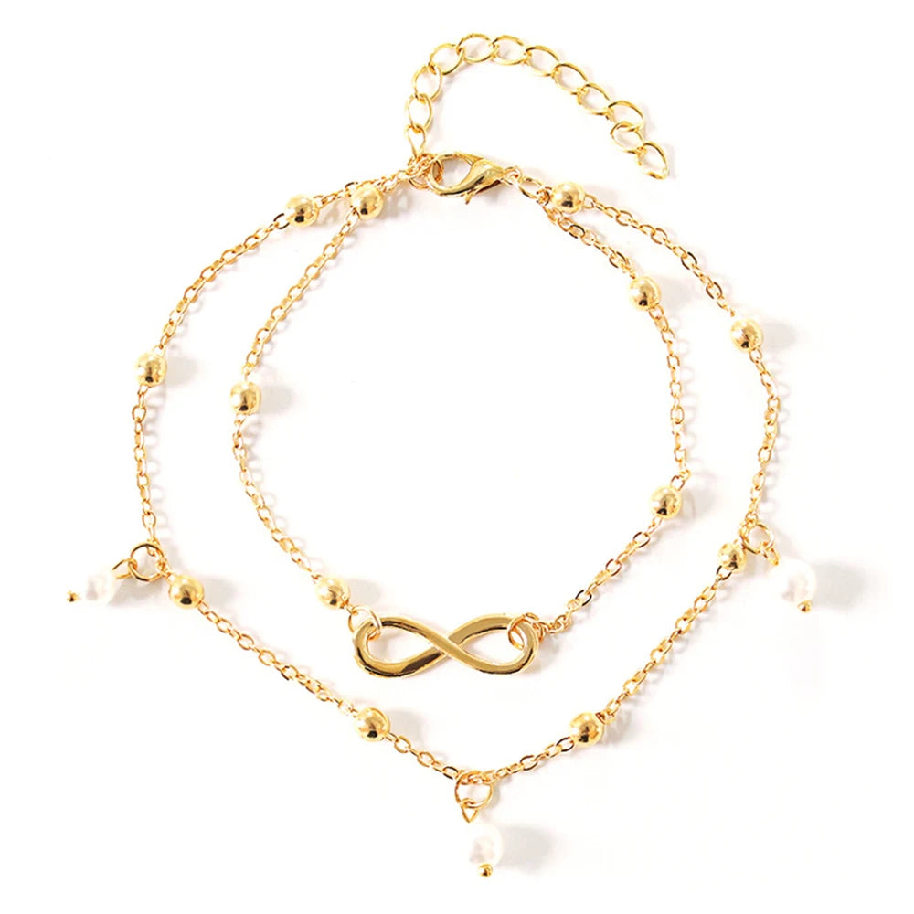 Pearl Heart Infinity Double Anklet Set