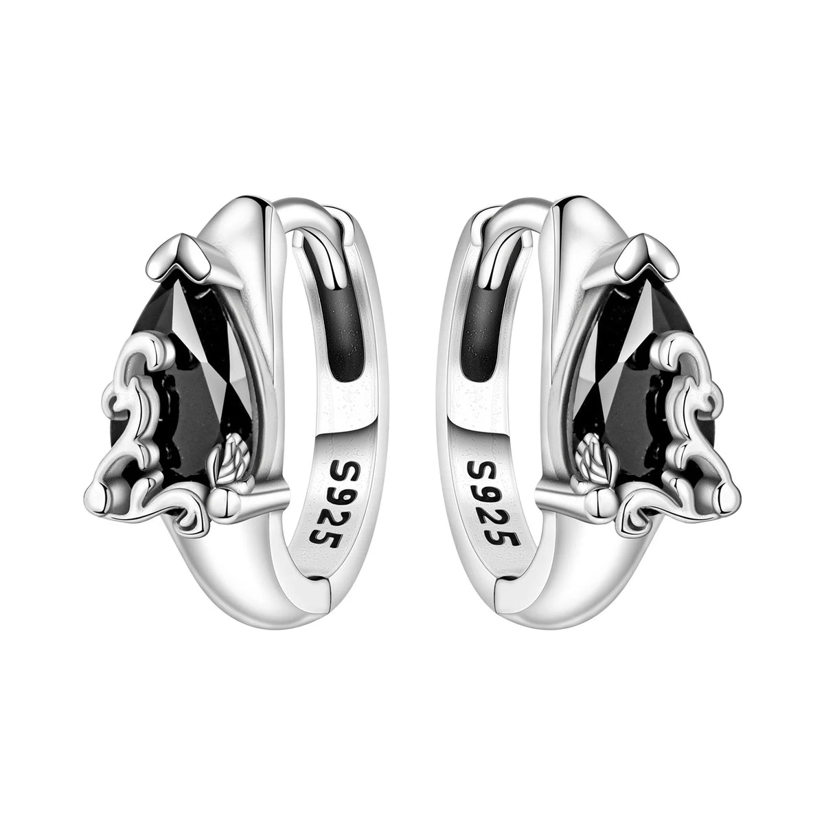 925 Silver Vine Heart Black Zircon Hoops