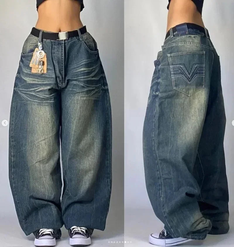 Letter Embroidered Wide-Leg Jeans