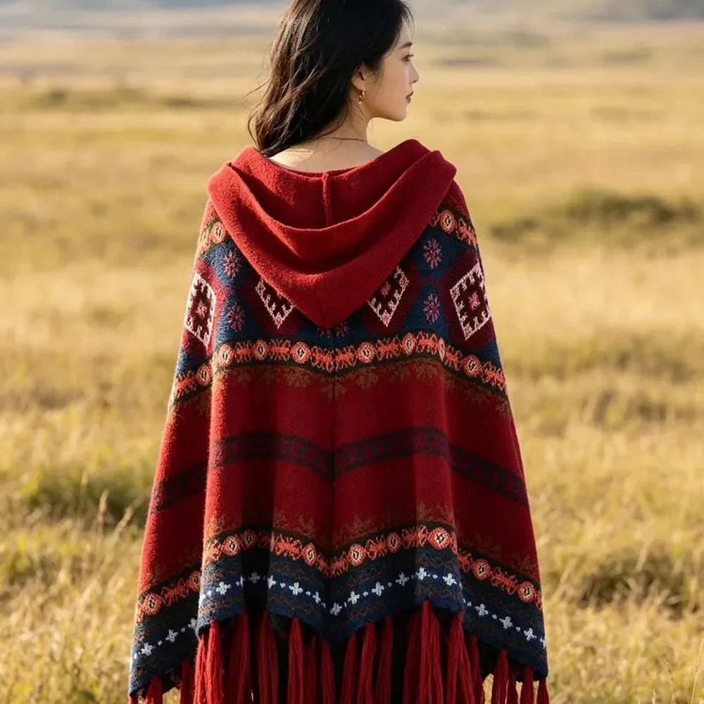 Embroidered Tassel Knit Shawl Cape