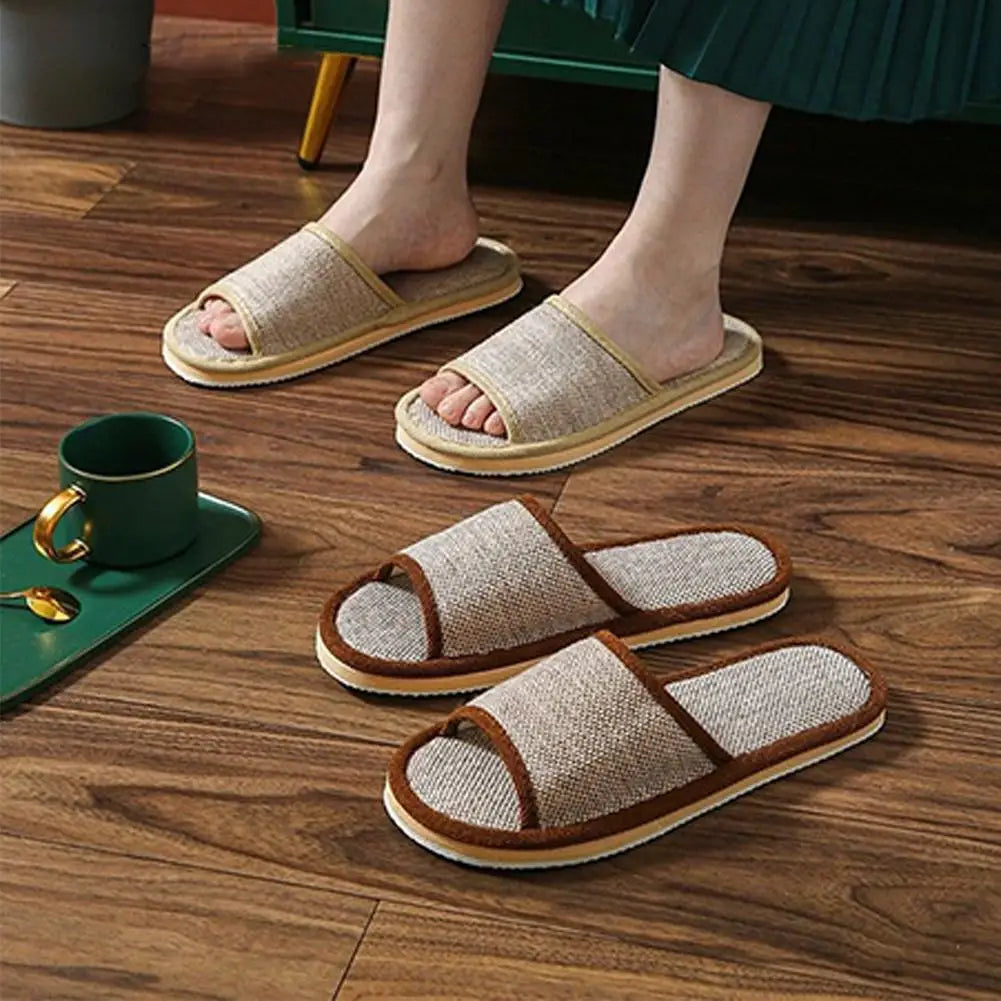 Linen Open-Toe House Slippers