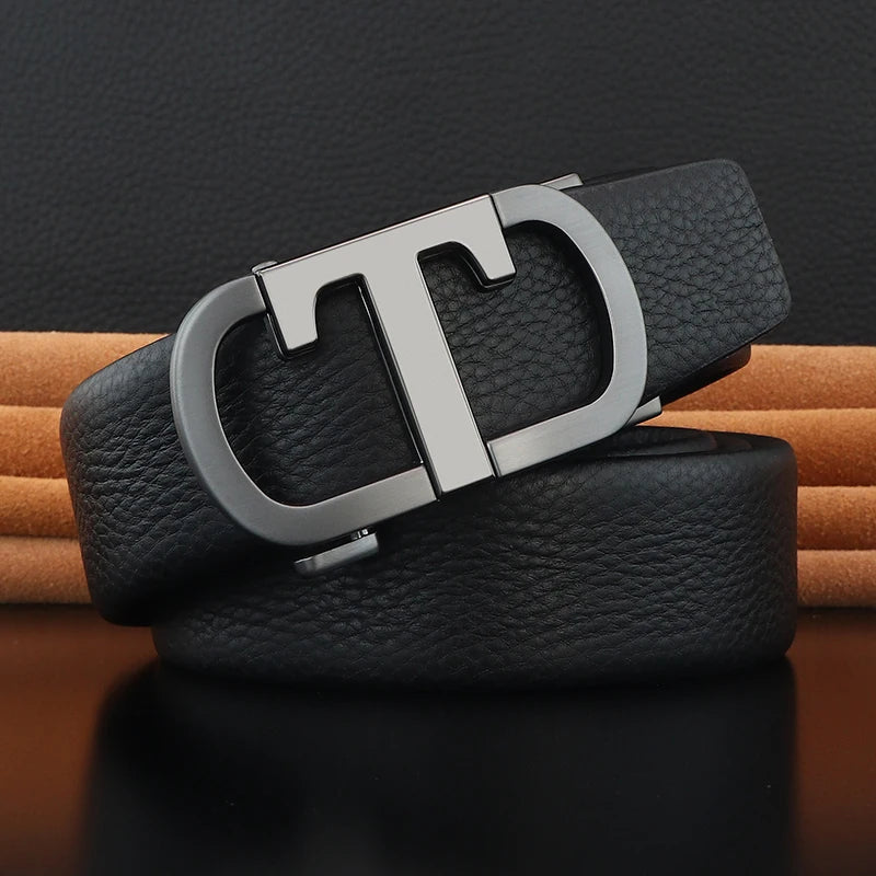 Men's Leather Belt with Gold T Buckle