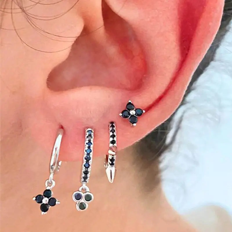 925 Silver Black Zircon Charm Hoops