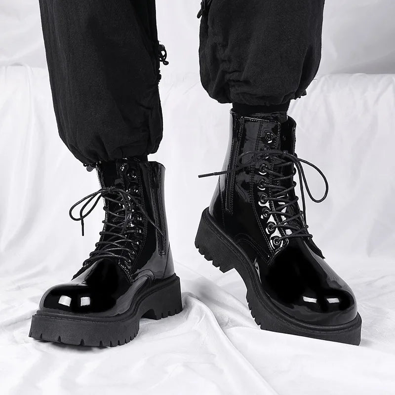 Men's Patent Leather Motorcycle Boots