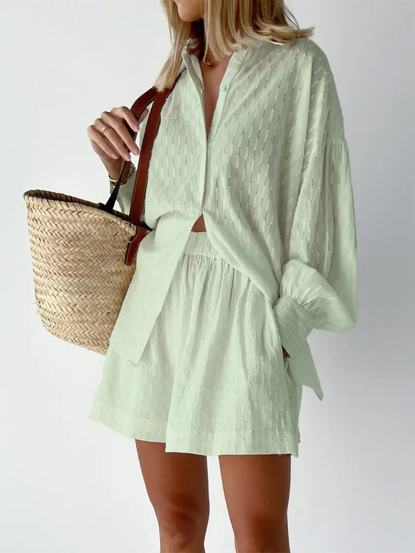 Jacquard Puff Sleeve Top & Shorts Set