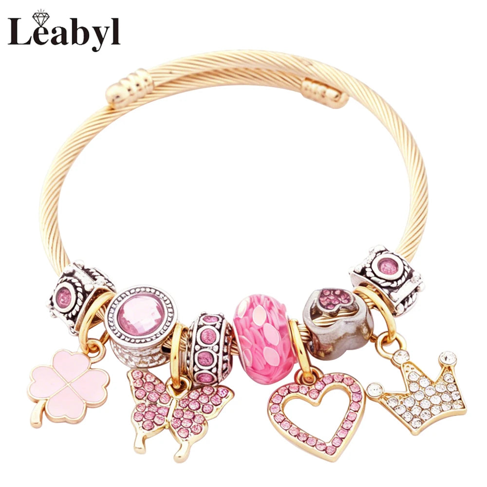 🦋 Pink Crystal Butterfly Charm Bracelet