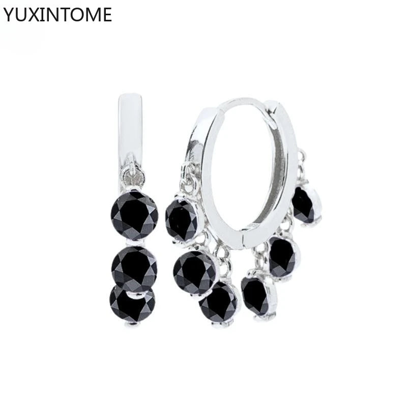 925 Silver Black Zircon Charm Hoops