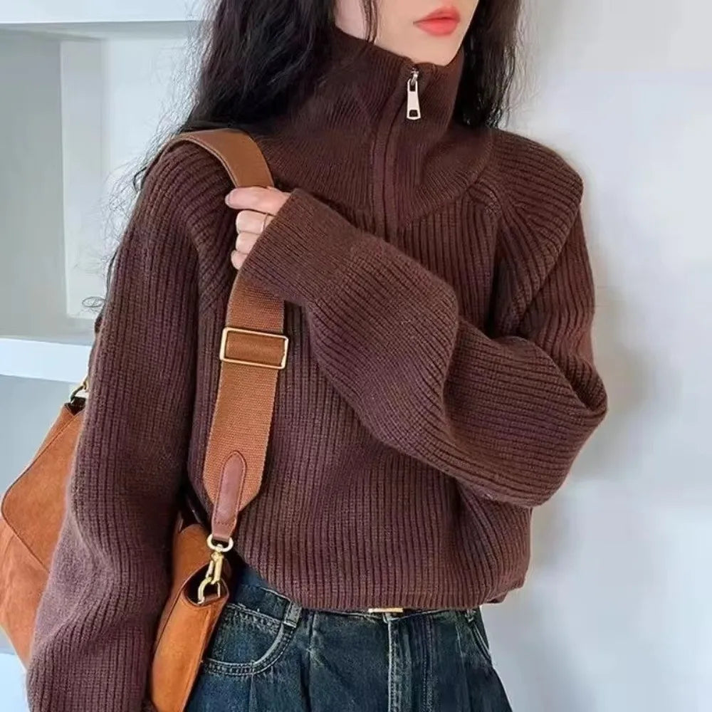 Half-Zip Cropped Waffle Knit Sweater