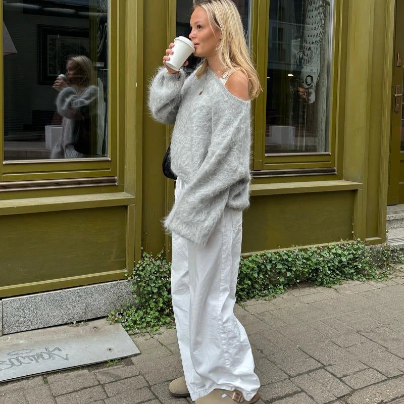Fuzzy Off-Shoulder Knit Sweater