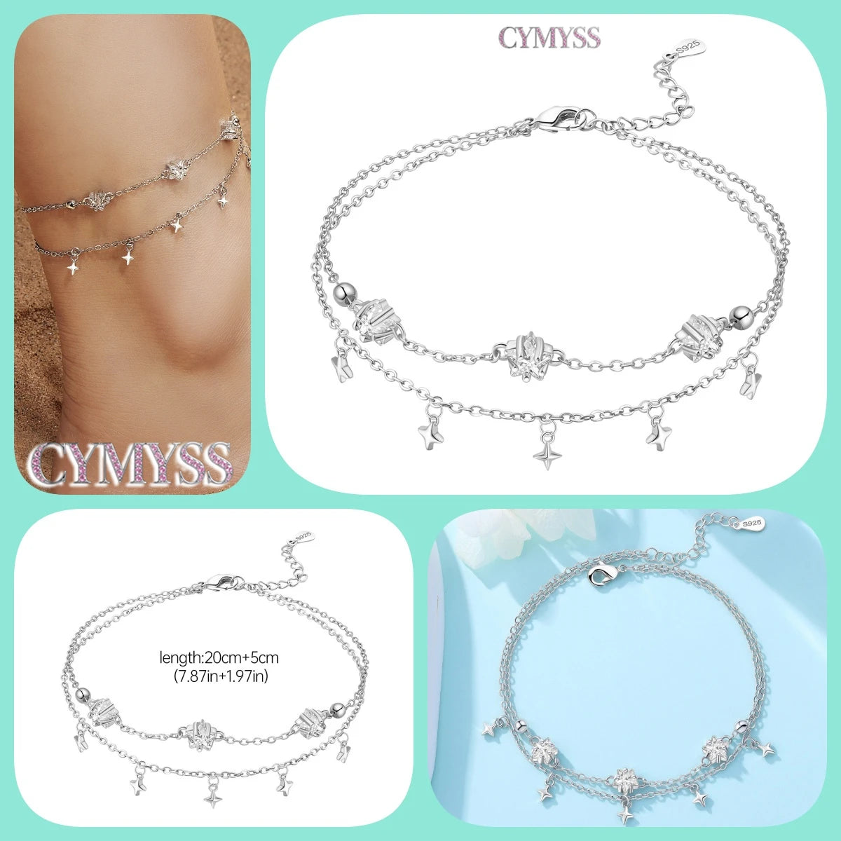 925 Silver 18K Gold CZ Layered Anklet